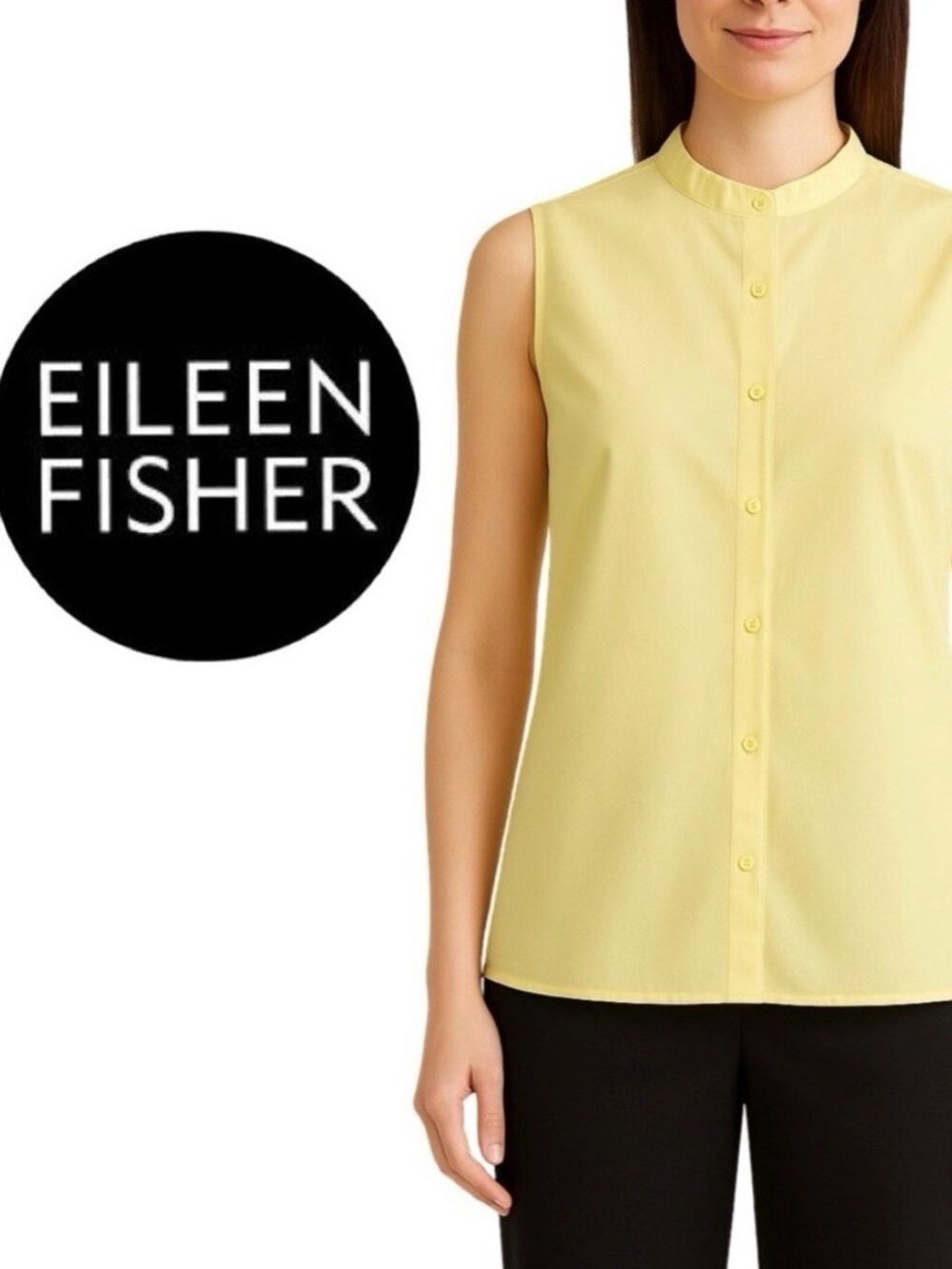 🎩🗝️ NWT $119 EILEEN FISHER Citrus Yellow Cotton Mandarin Collar Sleeveless Shirt